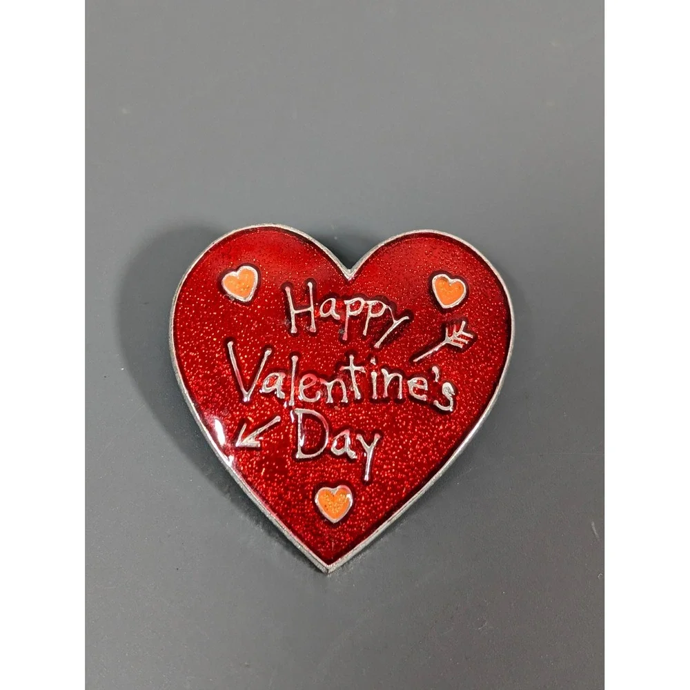Retro Red‎ Enamel Happy Valentines Day Heart Pin Silver Tone Love